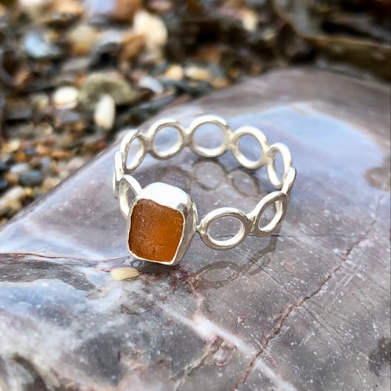 Honey Brown Seaglass Silver Hoop Ring - Size O- 1245