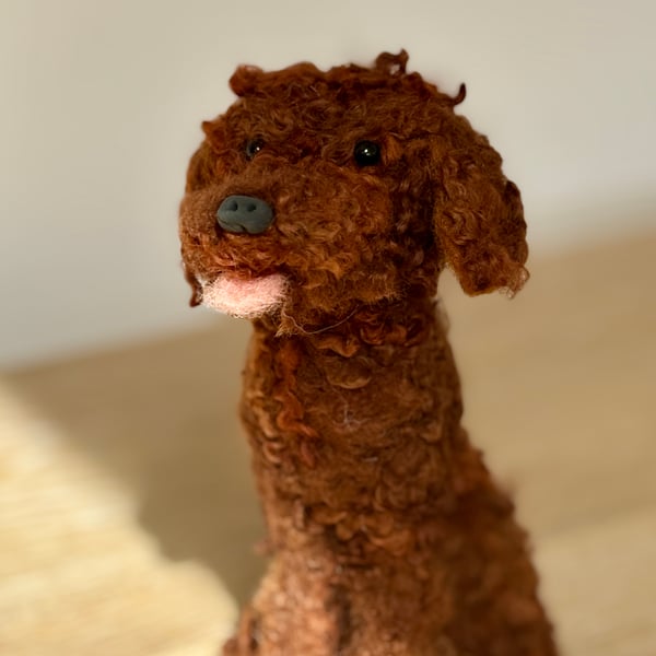 Needle felt curly coated cockapoo dog, brown. 19cm tall