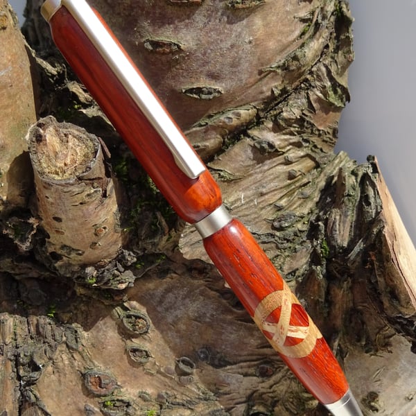 Redwood Pen with Inlaid Oak Celtic Cross - Lathe Turned Wooden Writing Pen