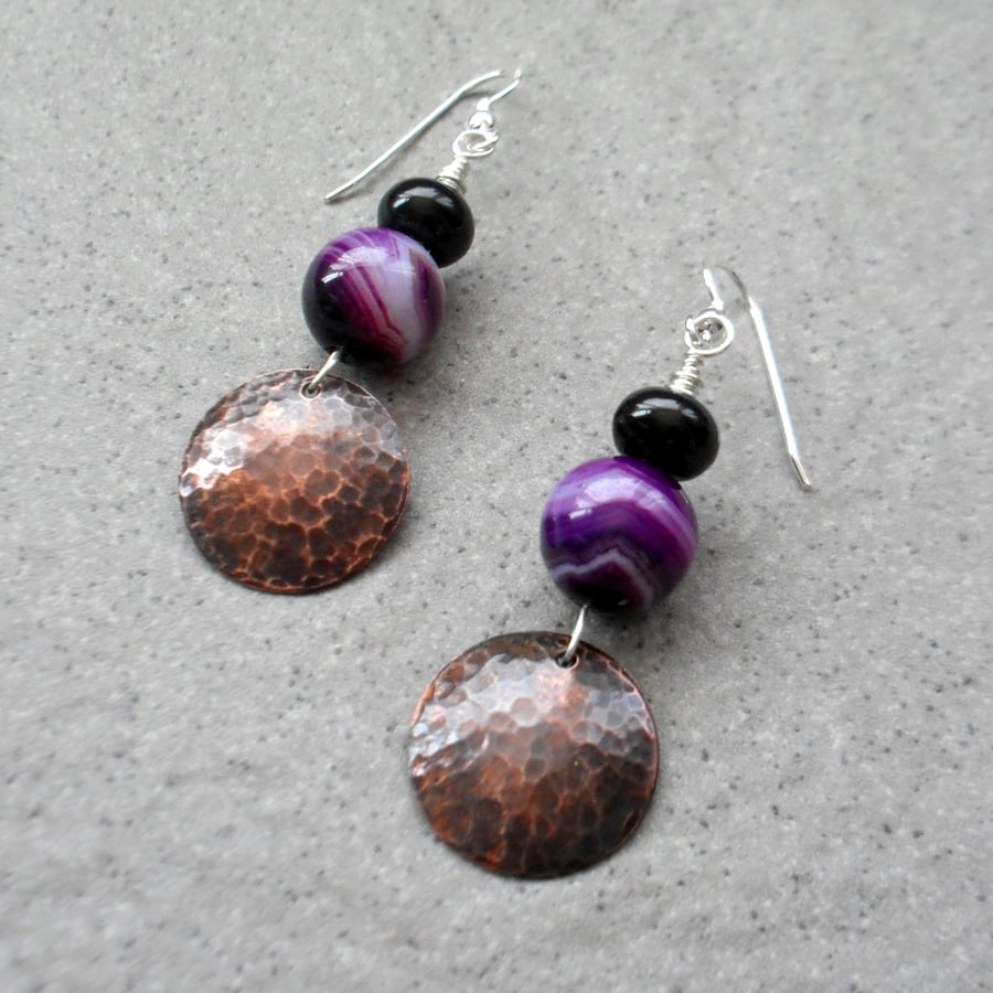 Copper Disc and Purple Agate Drop Earrings