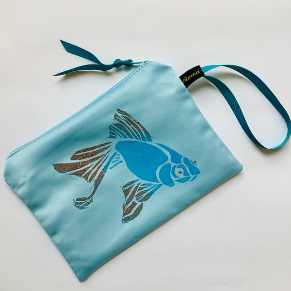 Sky Blue Koi Fish Duchess Satin zip-up pouch