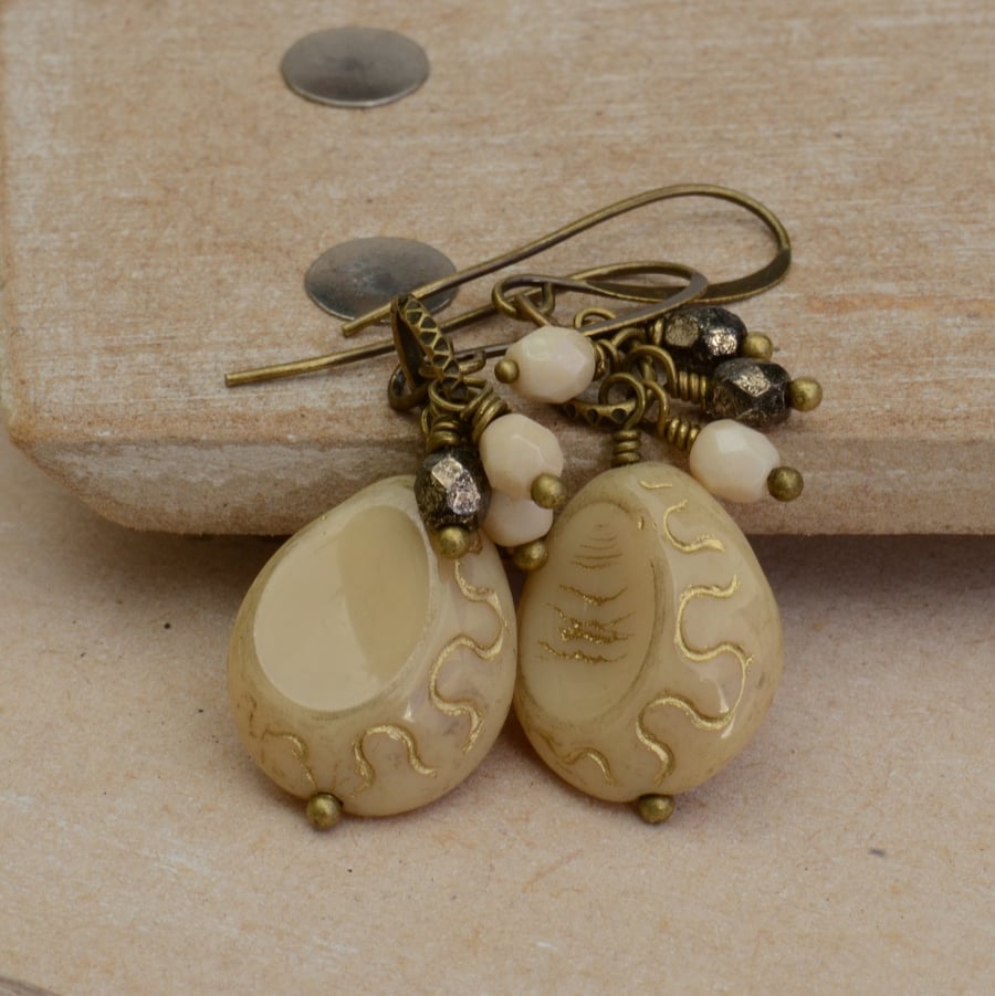 Creamy Beige Czech Glass Drop Earrings with Gunmetal & Cream Beads