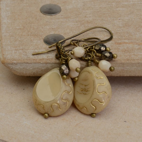 Creamy Beige Czech Glass Drop Earrings with Gunmetal & Cream Beads