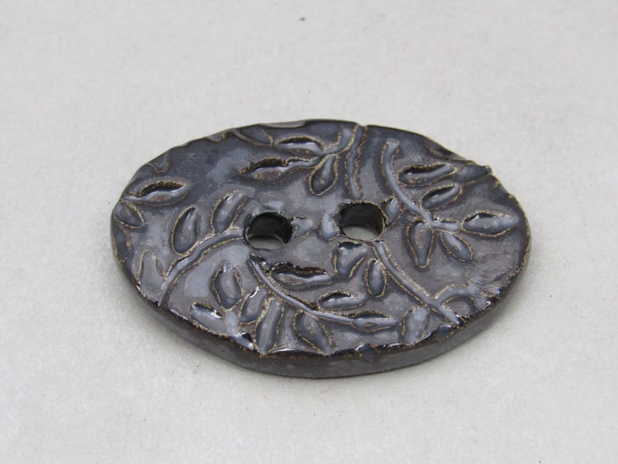 Large Black Ice Sprig Oval Handmade Ceramic Button
