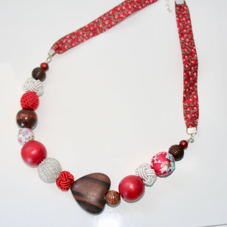 Chunky red wood and textile bead necklace