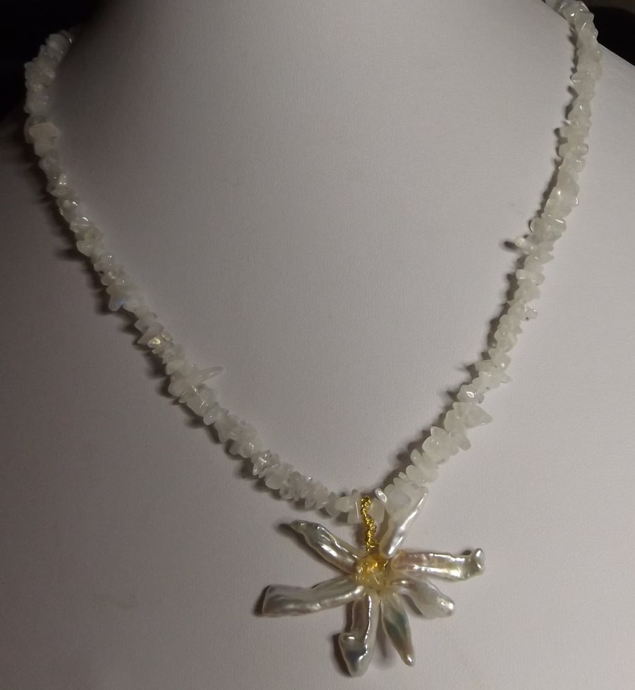 Biwa pearl and citrine flower with rainbow moonstone necklace