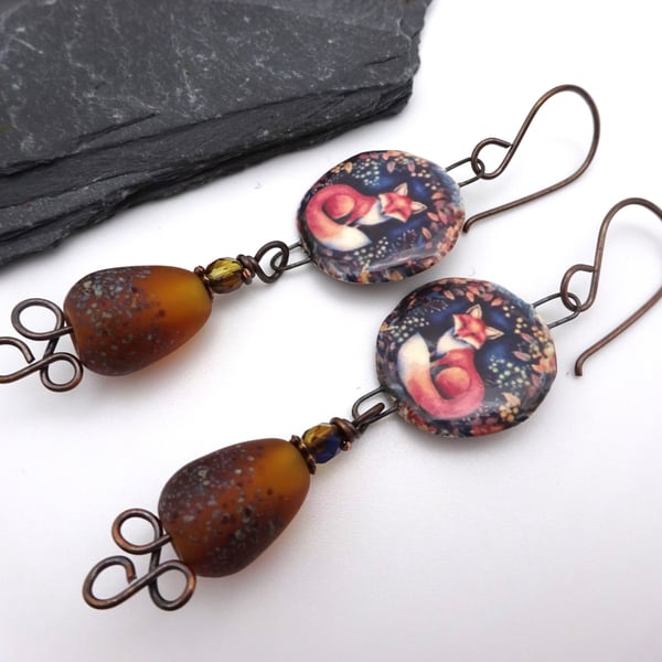 copper, lampwork glass and ceramic fox earrings