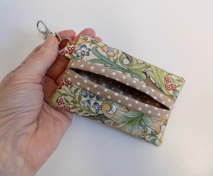Key ring tissue tidy for tissues or hankie in William Morris Golden Lily fabric.