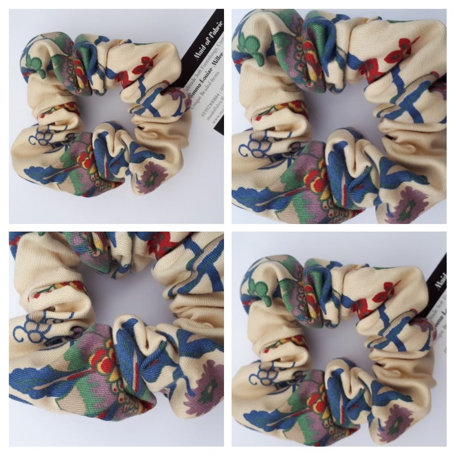 Scrunchie in cream and blue floral bird fabric. 3 for 2 offer.