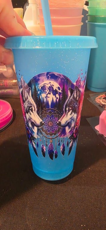 Handmade Blue glitter cold cup featuring watercolour wolf decal wrap