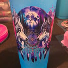 Handmade Blue glitter cold cup featuring watercolour wolf decal wrap