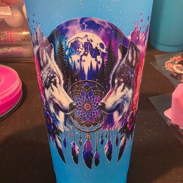 Handmade Blue glitter cold cup featuring watercolour wolf decal wrap