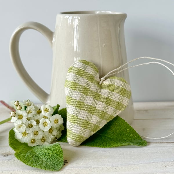MINI HEART DECORATION - lime green gingham checks, with lavender