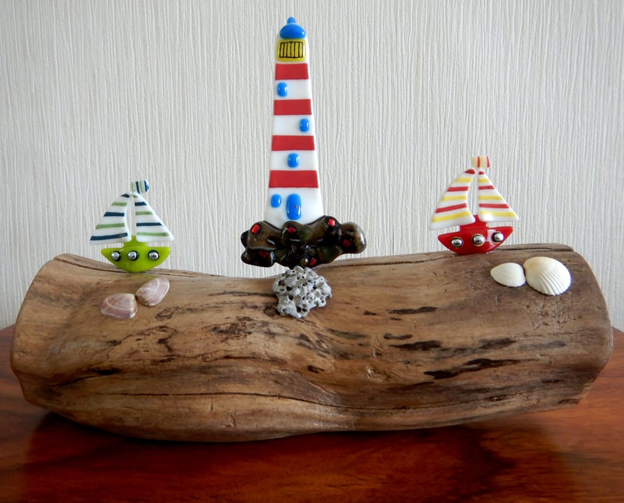 Handmade Fused Glass 'Lighthouse' Ornament-Suncatcher.