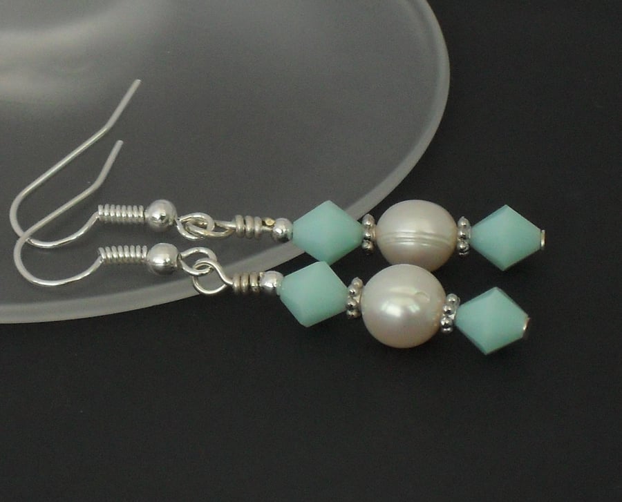 Pearl and mint alabaster crystal earrings - with Swarovski elements