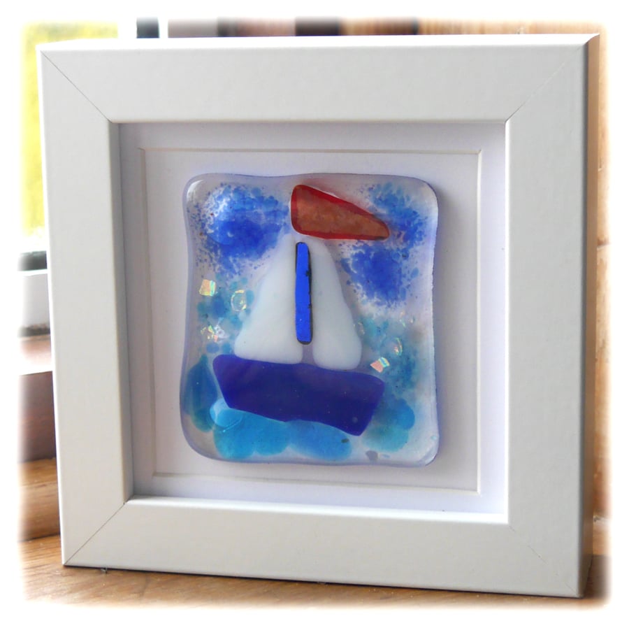 Sailboat Picture in Box Frame Fused Glass Picture 