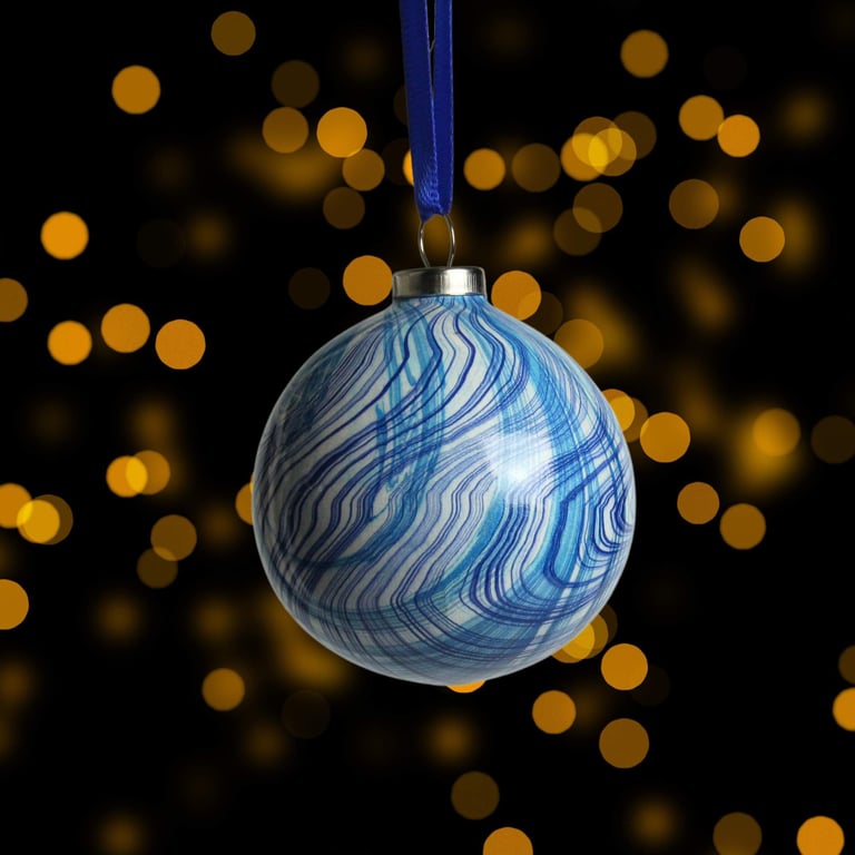 Christmas bauble ceramic hand marbled 5cm round in blue and white stripes