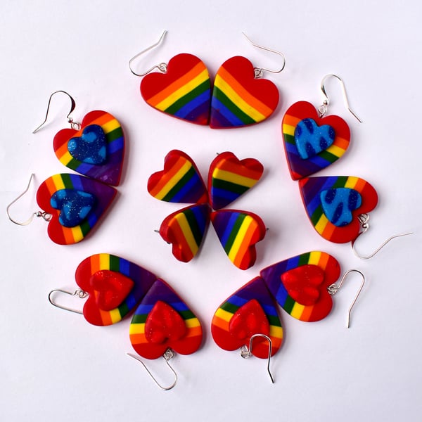 Polymer Clay Rainbow Pride Valentine's Day Heart Drop Earrings