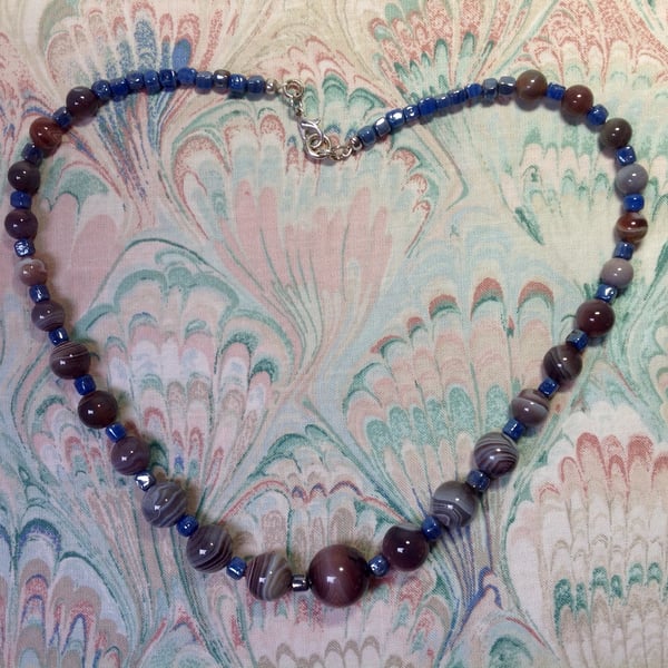 Necklace with vintage agate and blue lustre beads 