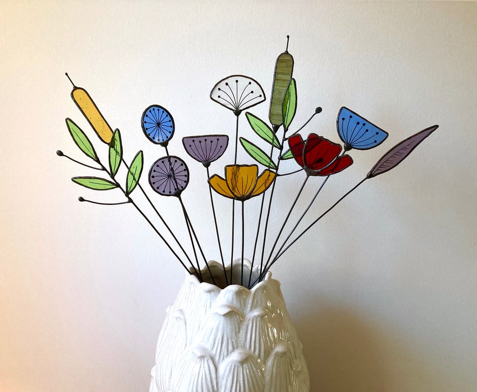 Forever Eternal Wild Flowers on stems - Handmade Stained Glass Flowers