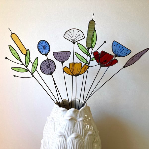 Forever Eternal Wild Flowers on stems - Handmade Stained Glass Flowers