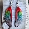 Red and Green Shimmering Fairy Wing Sterling Silver Earrings