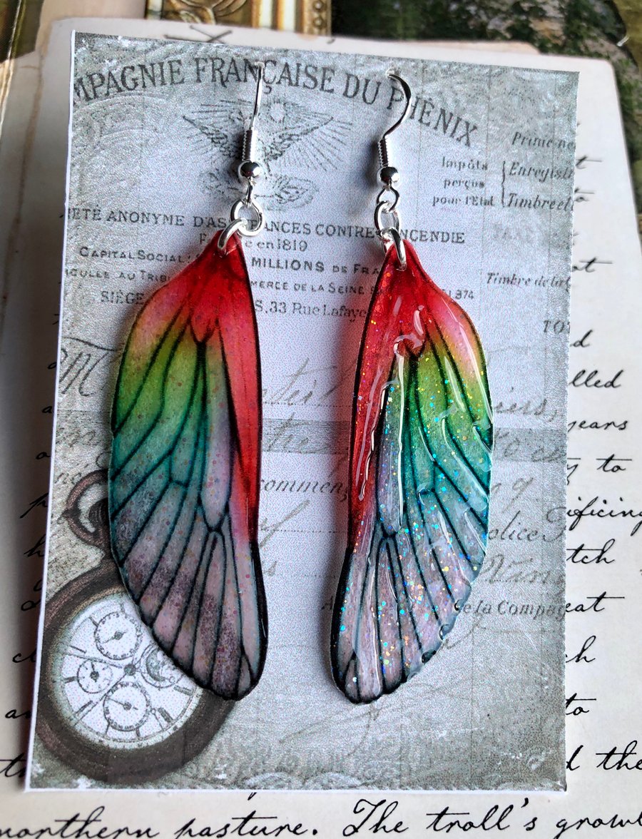 Red and Green Shimmering Fairy Wing Sterling Silver Earrings