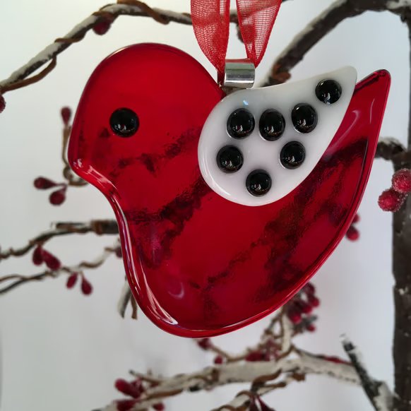Red Fused Glass Bird Decoration with Spotted Wing