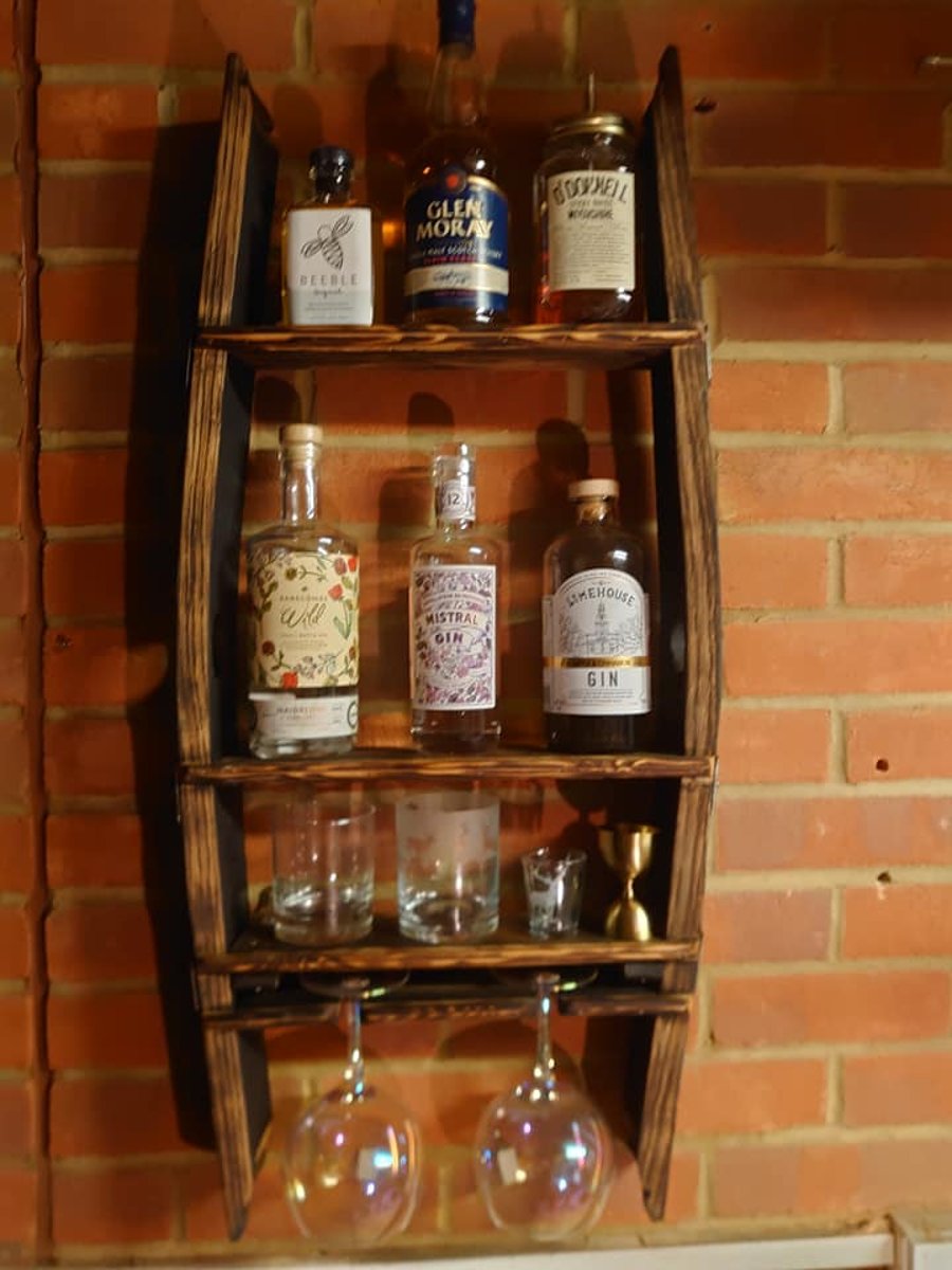 Gin Shelving Unit Made From Oak Bourbon Whiskey Barrel