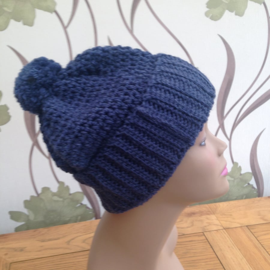 Crochet Bobble Hat Beanie in Pompom Design in Blue - Made to Order 