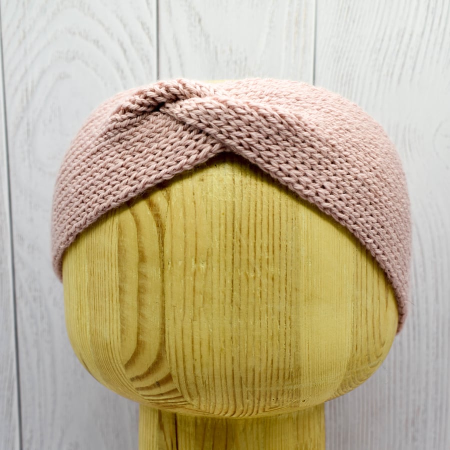 SOLD - Hand Knitted headband ear warmers in pink wool adult M