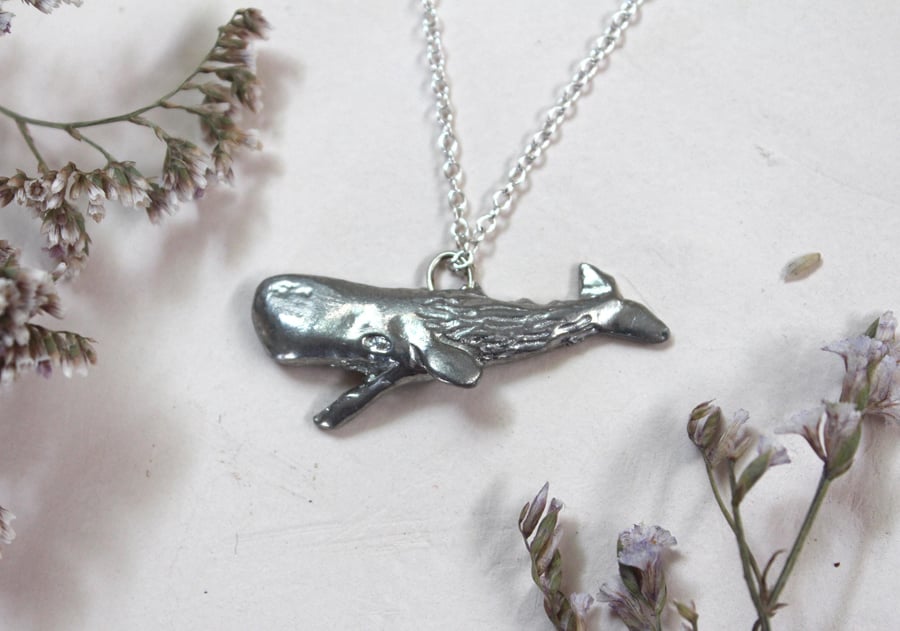 whale necklace. Handmade. 100% recycled pewter. Sperm. Marine. Upcycled. Sculptu