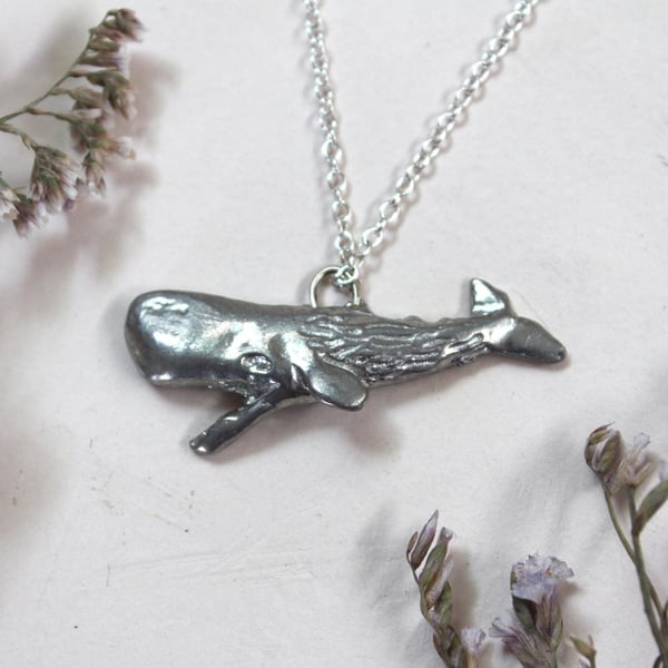 whale necklace. Handmade. 100% recycled pewter. Sperm. Marine. Upcycled. Sculptu