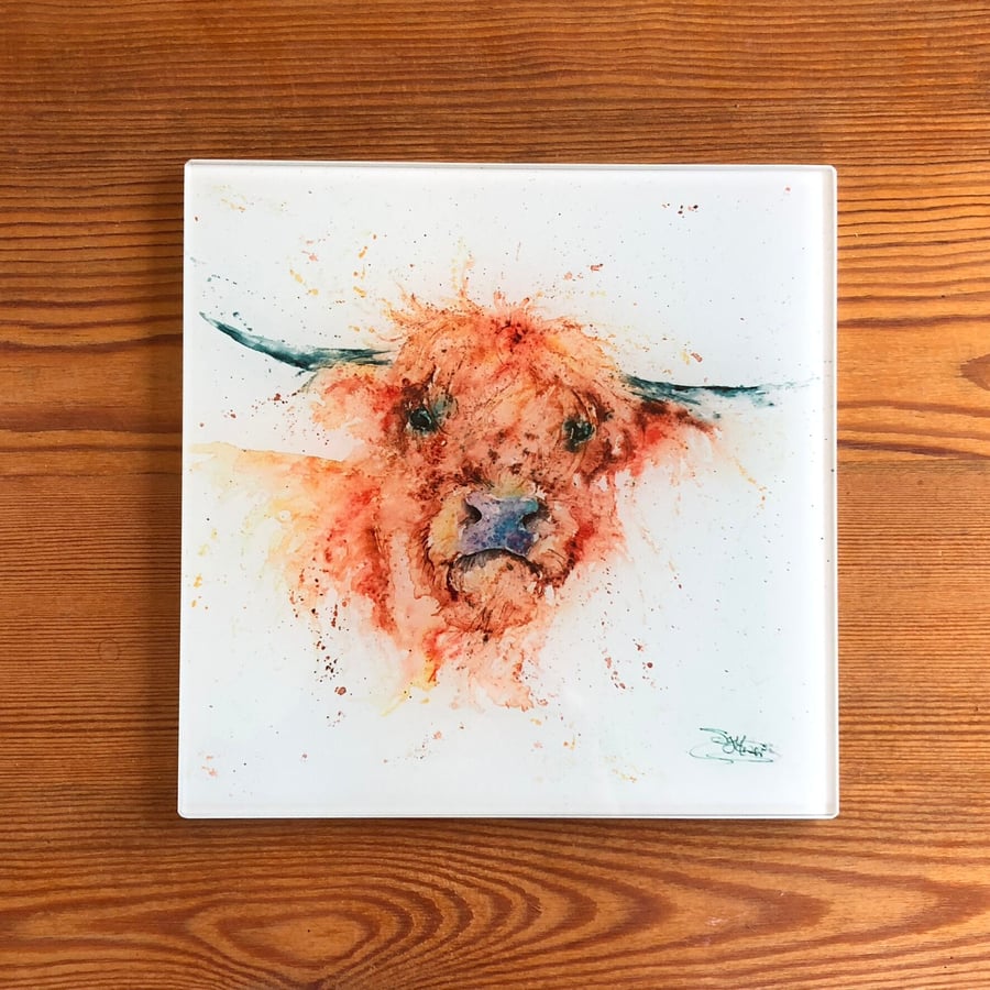 Highland Cow Watercolour Art on a 20cm Square Glass Trivet, 