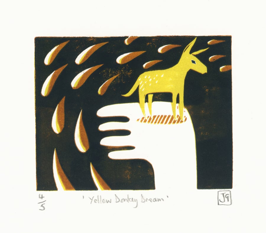Yellow Donkey Dream three-colour reduction linocut print