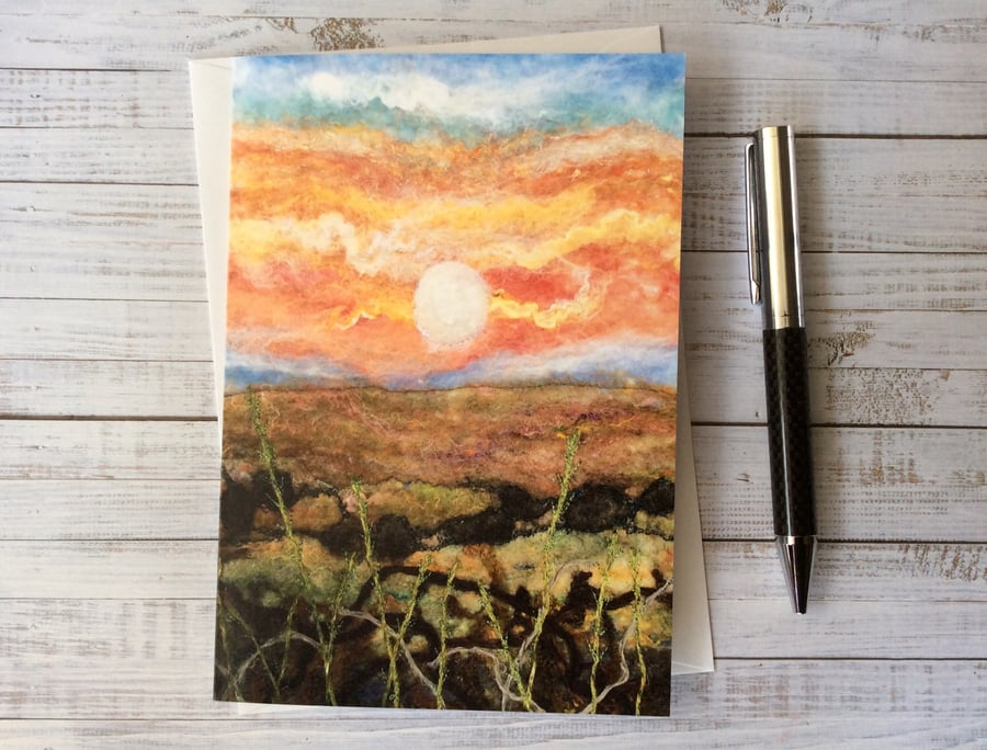 Sunrise full moon landscape printed greetings card.  