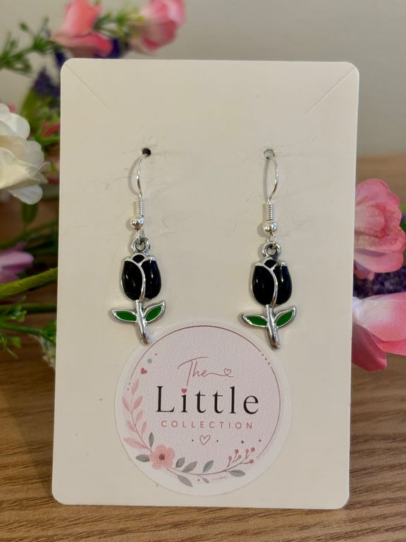 Black Tulip Dangle Earrings, Enamel Floral Charms, Handmade Jewellery