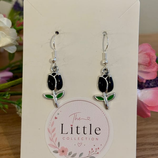 Black Tulip Dangle Earrings, Enamel Floral Charms, Handmade Jewellery