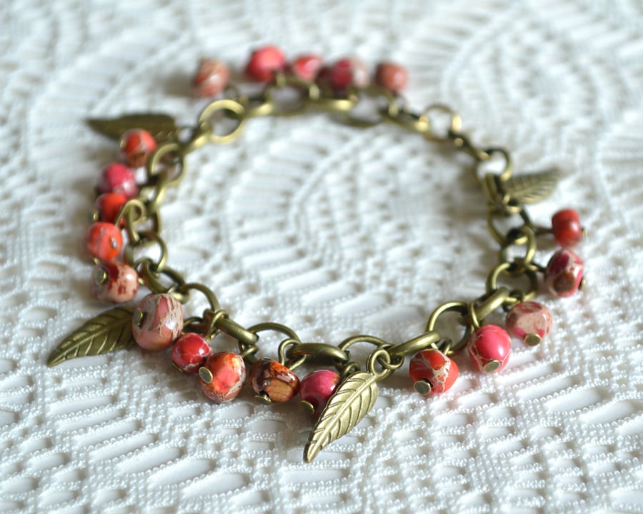 Autumnal Jasper and Leaf Charm Bracelet