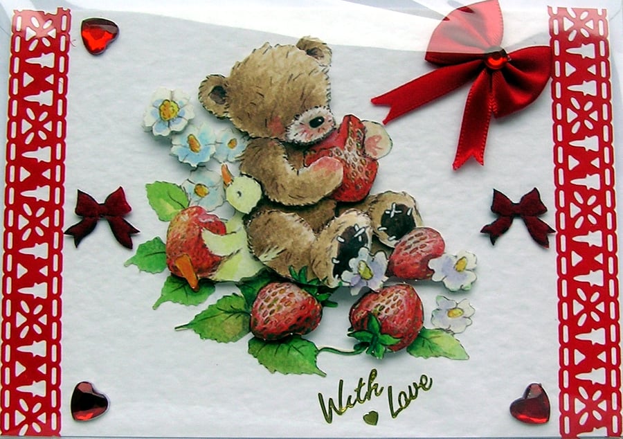Teddy Bear Hand Crafted 3D Decoupage Card - With Love (2530)
