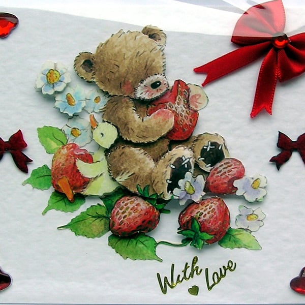 Teddy Bear Hand Crafted 3D Decoupage Card - With Love (2530)