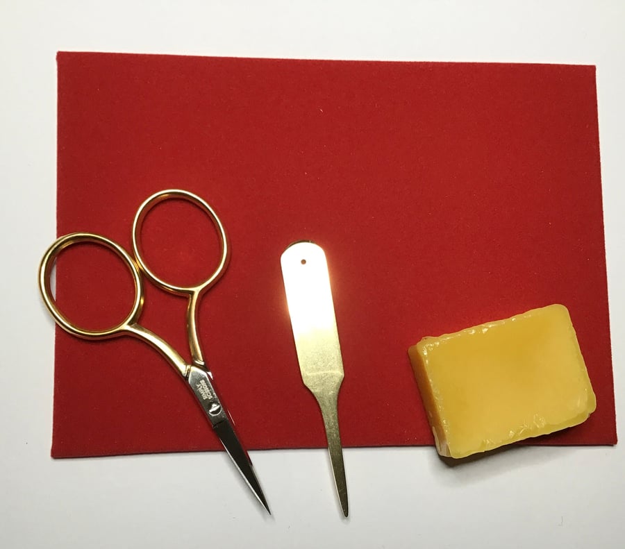 Goldwork Embroidery Tool Kit - Scissors, mellor, Velvet Board, Beeswax