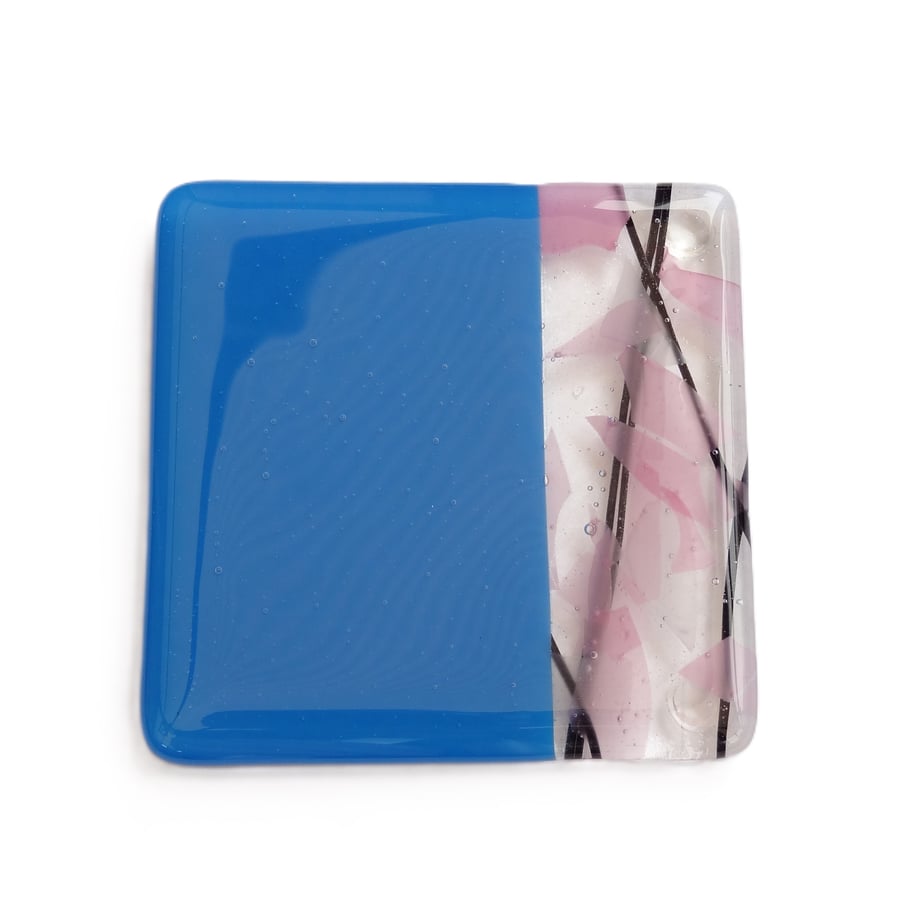 Blue and pink fused glass coaster, 9cm, handcrafted, 6mm thick (0180)