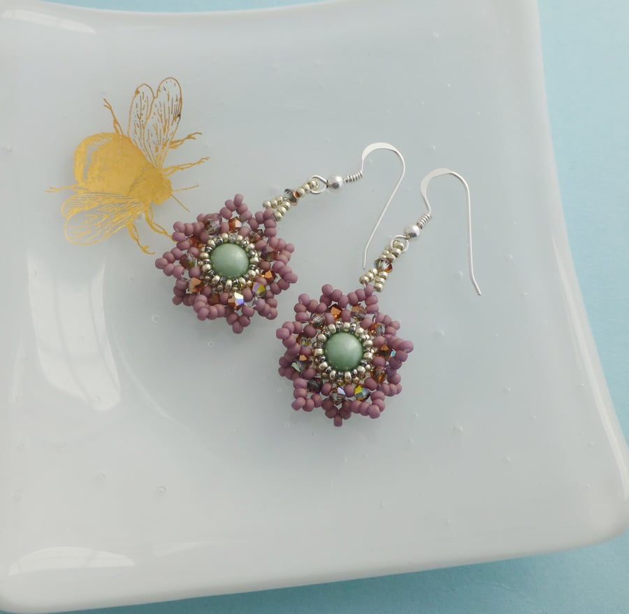Dusky Pink and Green Vintage Style Beaded Flower Earrings