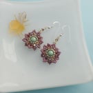 Dusky Pink and Green Vintage Style Beaded Flower Earrings