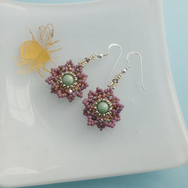 Dusky Pink and Green Vintage Style Beaded Flower Earrings