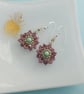 Dusky Pink and Green Vintage Style Beaded Flower Earrings - Image 1