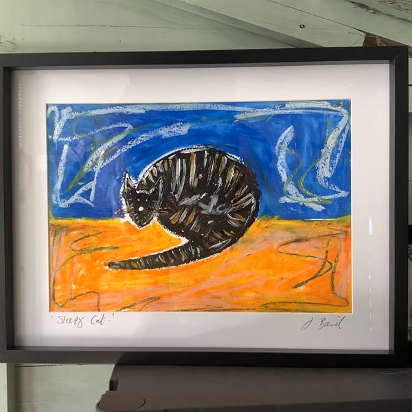 Tabby cat original oil drawing. Art. Black cat, animals. Home decor. 