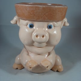 Ceramic Hand Painted Small Pig Animal Garden Flower Herb Plant Pot Candle Holder