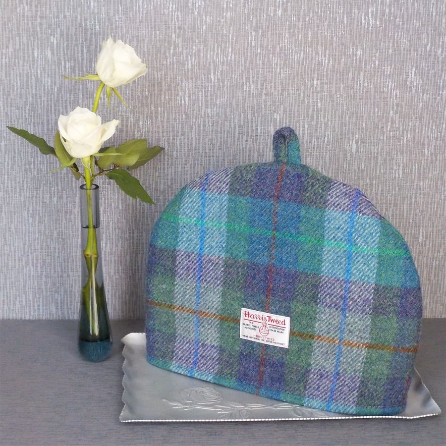 Harris Tweed fabric tea cosy, green and purple teapot cover